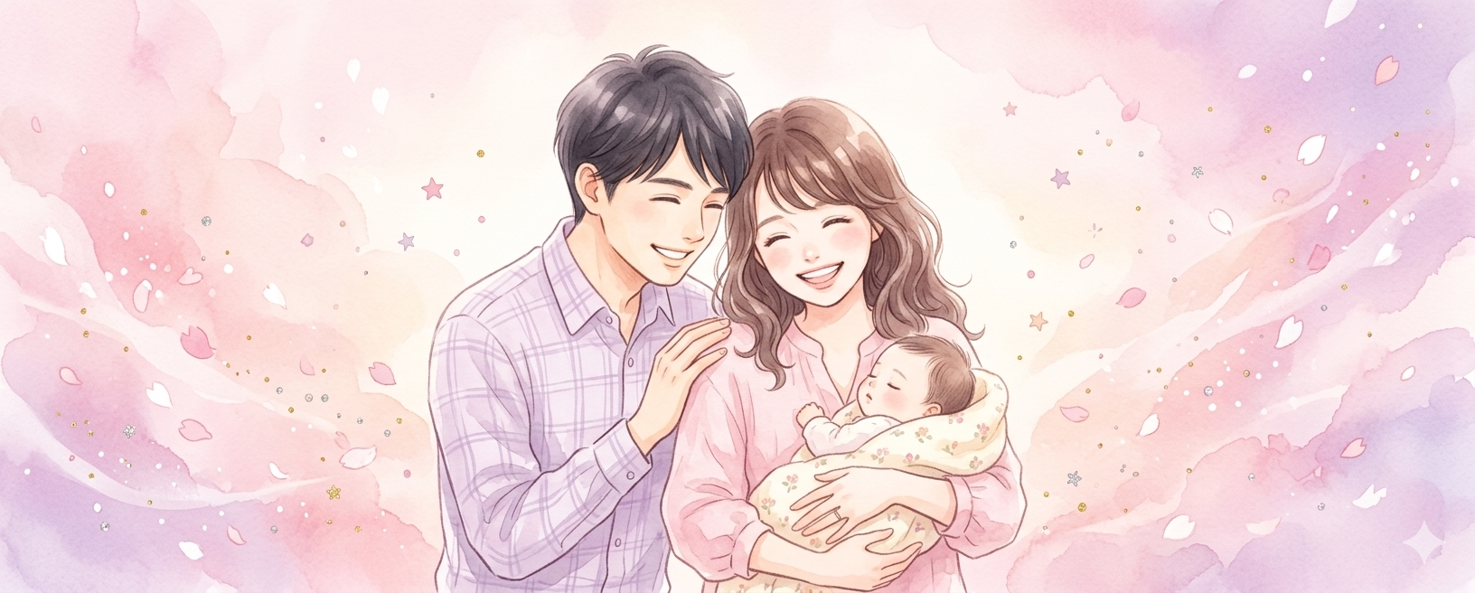 赤ちゃんを抱く幸せそうな家族のイラスト